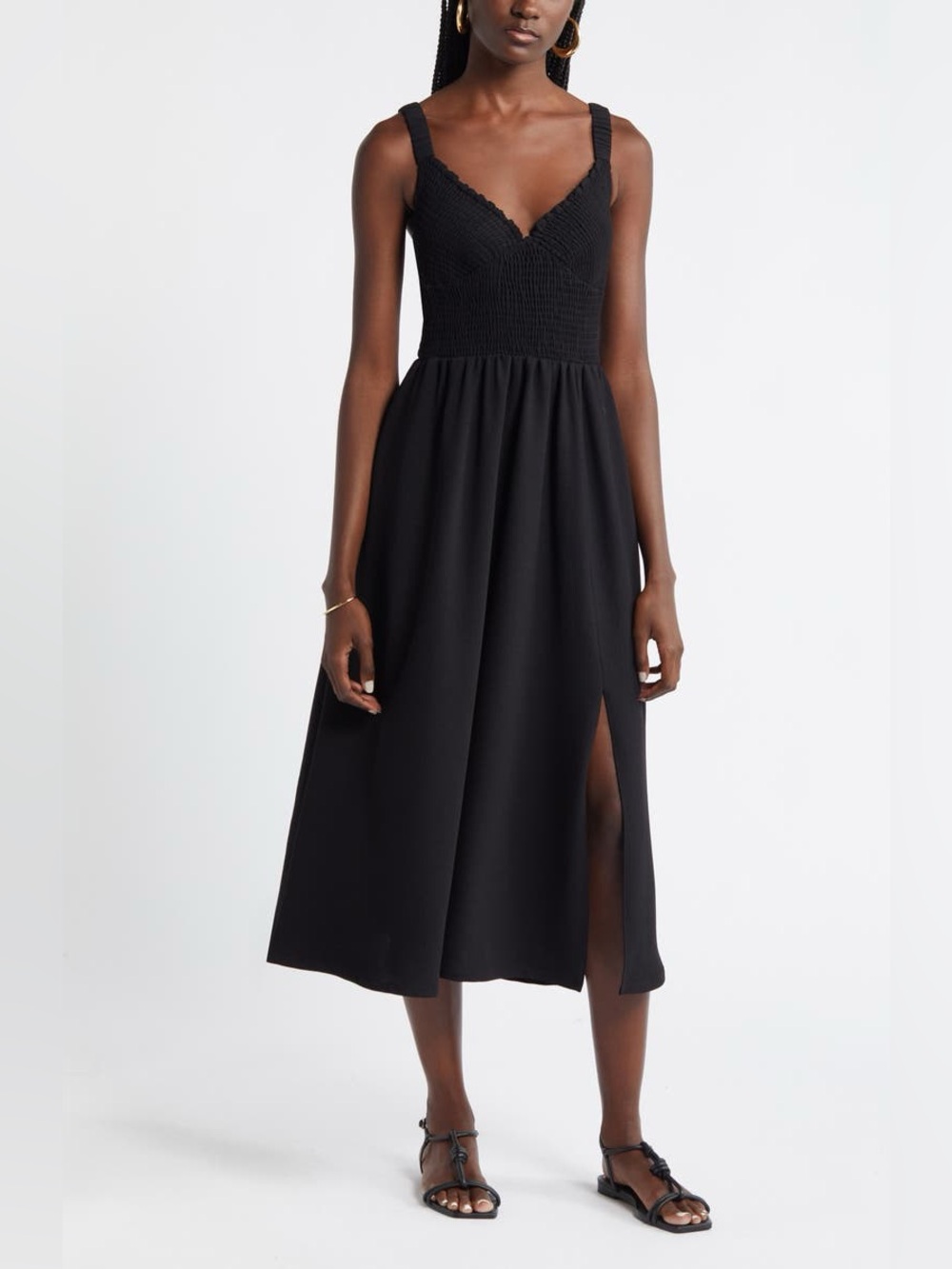 Nordstrom Black Smocked V-Neck Midi Dress with Side Slit